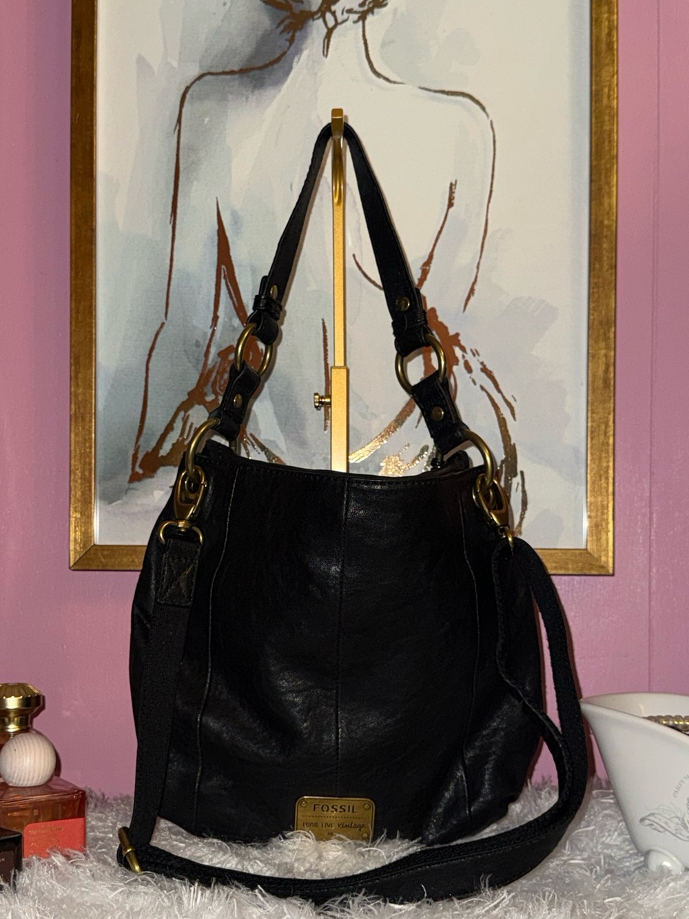 Fossil Black Leather Shoulder Hobo with Gold Hardware